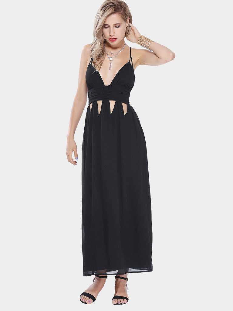 Black V-Neck Sleeveless Plain Cut Out Sexy Dresses