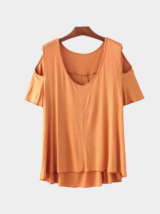 V-Neck Cold Shoulder Irregular Hem Tan T-Shirts