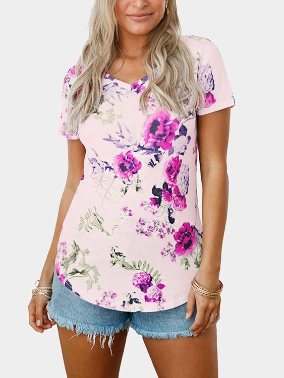 V-Neck Floral Print Short Sleeve Curved Hem T-Shirts