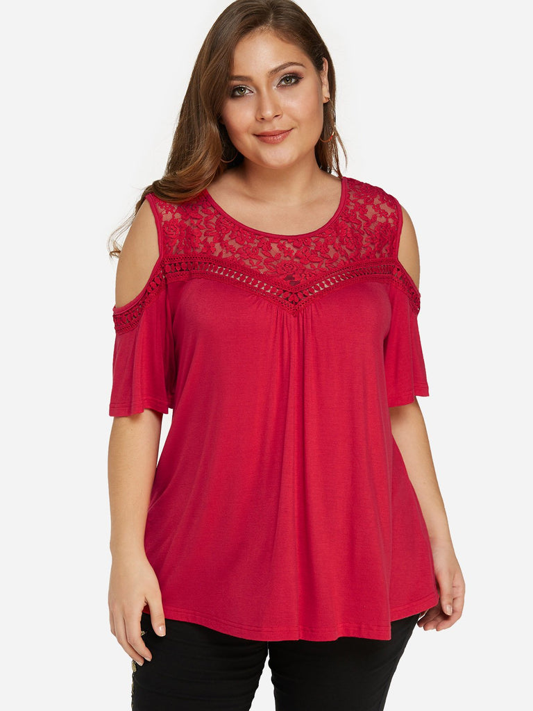 Round Neck Cold Shoulder Plain Short Sleeve Red Plus Size Tops