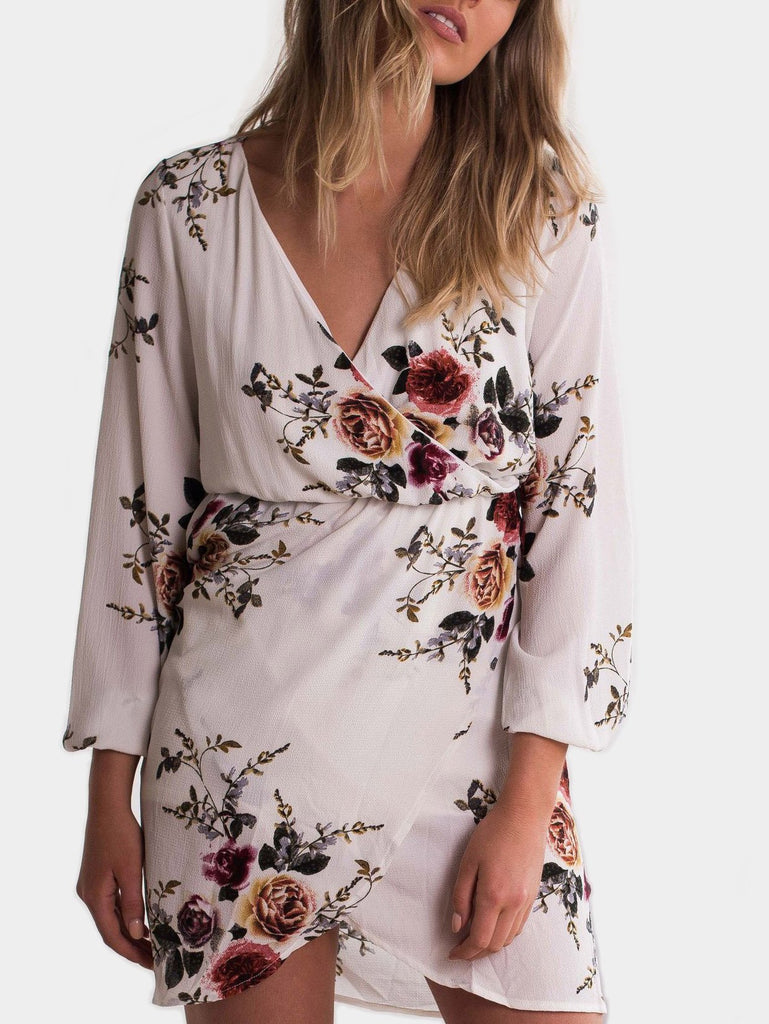 White V-Neck Long Sleeve Printed Tiered Slit Wrap Irregular Hem Dresses