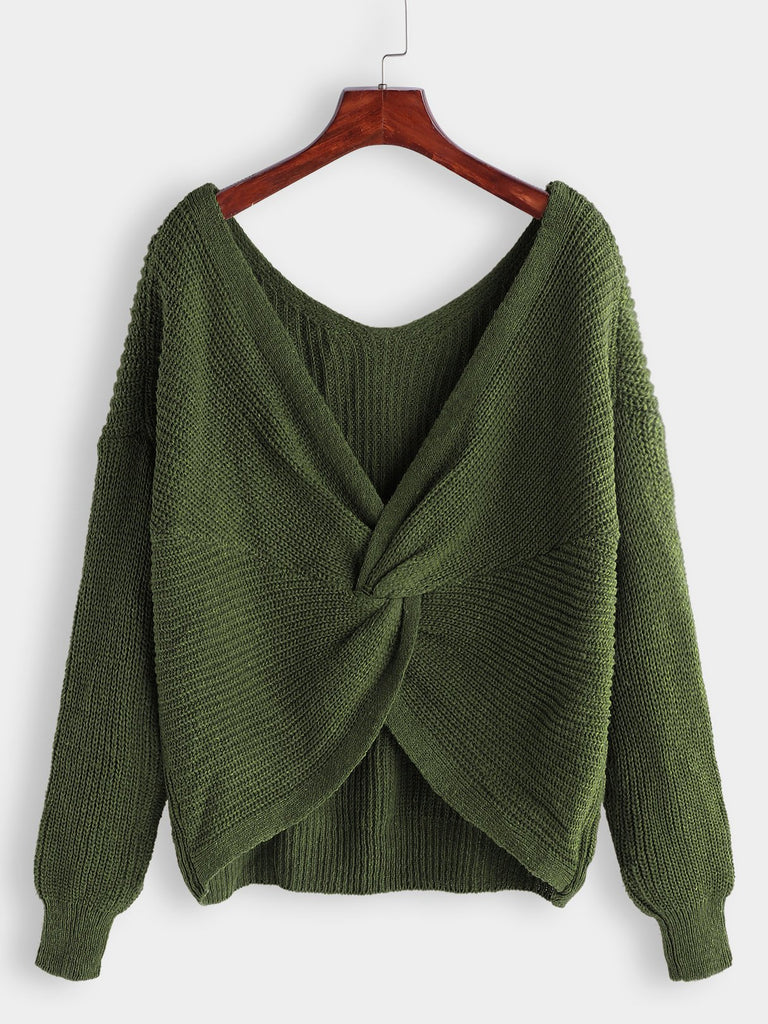 V-Neck Cable Knit Long Sleeve Army Green T-Shirts