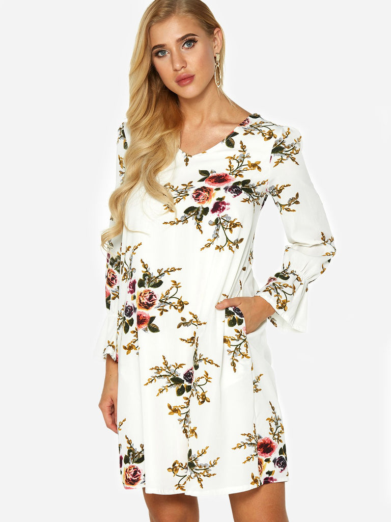 White V-Neck Long Sleeve Floral Print Backless Side Pockets Cut Out Dresses