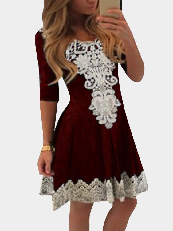 Round Neck Plain Crochet Lace Embellished Zip Back Hollow Half Sleeve High Waist Sexy Dresses