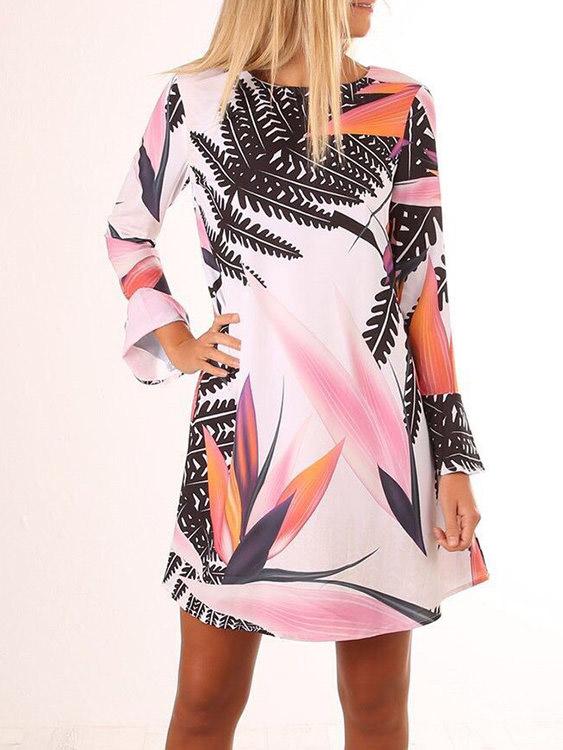 Round Neck Long Sleeve Floral Print Zip Back Mini Dress