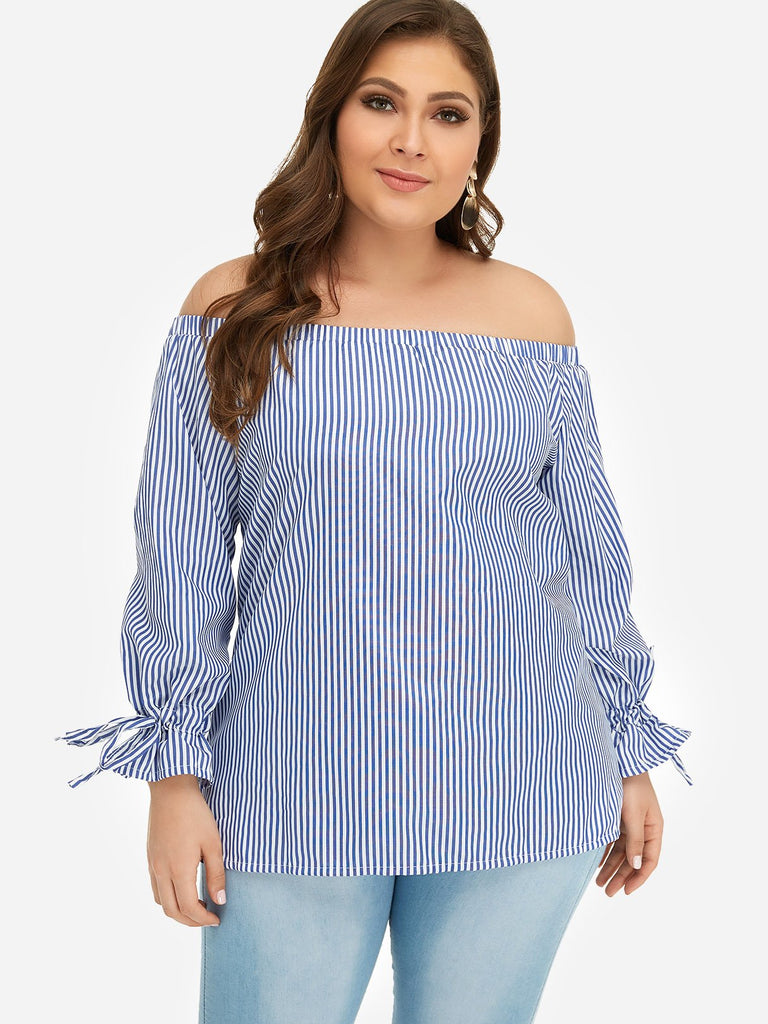 Off The Shoulder Stripe Self-Tie Long Sleeve Plus Size Tops