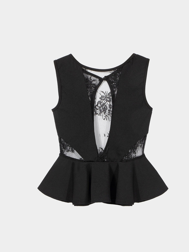 Black Peplum Hem Top With Mesh Splicing