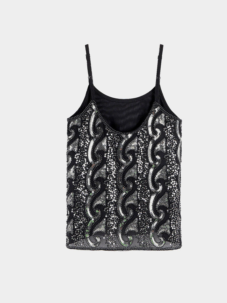 Black Sequin And Bead Strappy Cami Top